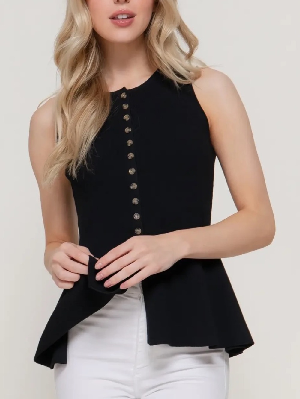 Sleeveless Peplum Top Black Sweater Button Detail size M